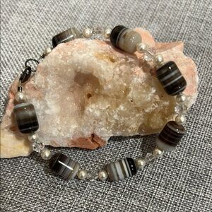 Sterling Elegant Brown and Pearl and Crystal Glass Beaded Bracelet